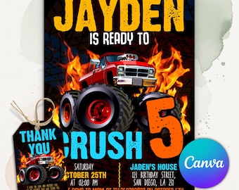 Monster Truck Birthday Invitation, Trucks Party Invite, Monster Truck Invitation, Kids Birthday Card, Editable Canva Template