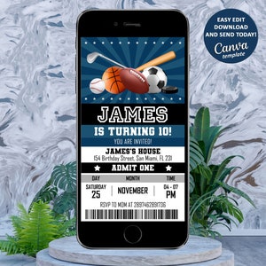 Digitale uitnodiging sportticket, sportfeestje, kinderverjaardag mobiele uitnodiging, honkbaluitnodiging, voetbalverjaardagsuitnodiging