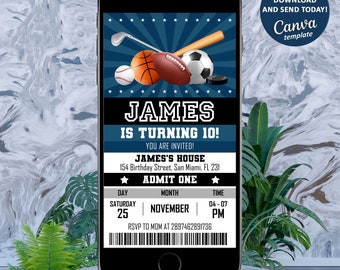 Sport Ticket Digital Invitation, Sport Party Evite, Kids Birthday Mobile Invite, Baseball Invitation, Football Birthday Invite