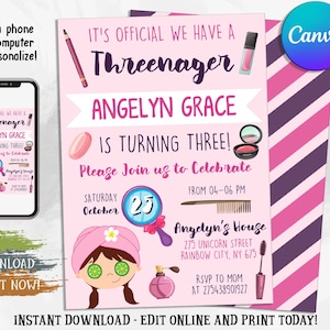 Editable Threenager Invitiation, Threenager Birthday Party Invitaion, 3rd Birthday Girl Invite,  Spa Invitation, Any Age, Digital Canva