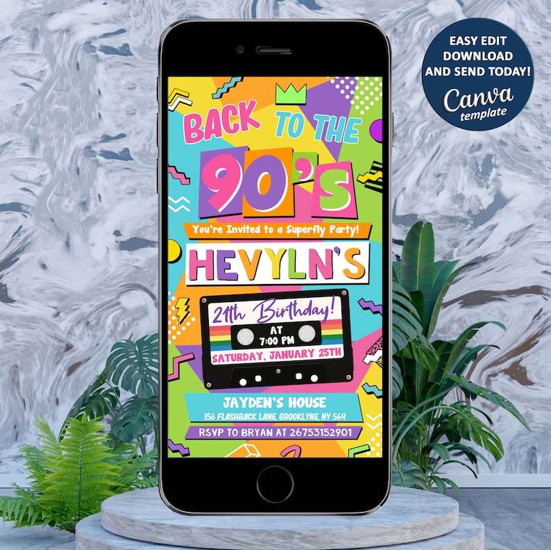 May include: A digital invitation for a 21st birthday party with a 90s theme. The invitation features a cassette tape graphic, colorful geometric shapes, and the text "Back to the 90s". The party is called "Hevylyn's 21st Birthday!" and is scheduled for Saturday, January 25th at 7:00 PM. The location is Jayden's House, 156 Flashback Lane, Brooklyne, NY 564. RSVP to Bryan at 26753152901.