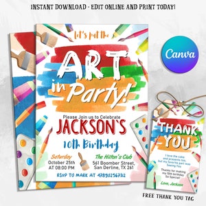 Painting Birthday Invitation, Art Birthday Invite, Painting Party, Art Painting Birthday Party Invitation, Art Party Invite, Digital Canva