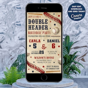 May include: A baseball-themed birthday party invitation for a double header celebration for Carla and Daniel, turning 5 and 6. The invitation features a red, white, and blue color scheme with baseballs, bats, and stitching. The text reads "Join us for a Double Header Birthday Party Celebrating our all stars Carla 5 & Daniel 6 Saturday October 25 at 04:00 PM 07:00 PM Wilson's House 192 Birthday Street Brooklyn, NY 234 RSVP to Mack at 39645677189".