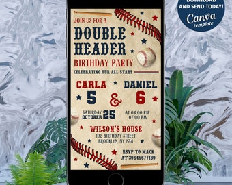 Digital Baseball Birthday Invitation, Electronic Baseball E Invite, Double Header Baseball Birthday Invitation, Sport Theme Invitation