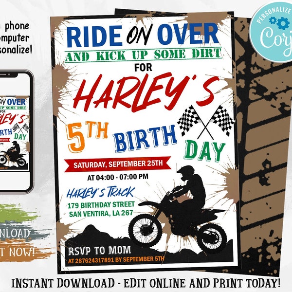 Dirt Bike Invitation, Dirt Bike Birthday Invitation, Dirt Bike Invites, Motorbike Invitation, Dirt Bike Party Invite, Digital Corjl