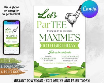 Invitación de cumpleaños de golf: Par Tee Party, plantilla editable de Canva (descarga digital de 5x7)