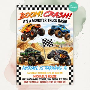 以下が含まれることがあります： BOOM! CRASH! IT'S A MONSTER TRUCK BASH!と書かれたモンスタートラックの誕生日招待状。4台のモンスタートラック、チェッカーフラッグのイラスト、Michael is turning 10、10月25日午後6時というイベント詳細が記載されています。