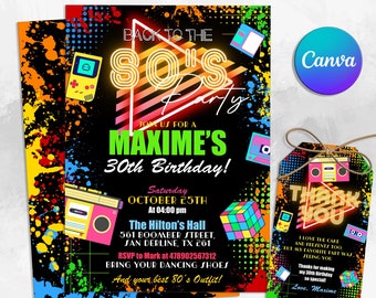 Convite para festa de aniversário dos anos 80, Festa Neon de volta aos anos 80, Glow Dance Disco, Aniversário dos anos 2000, Editável no Canva