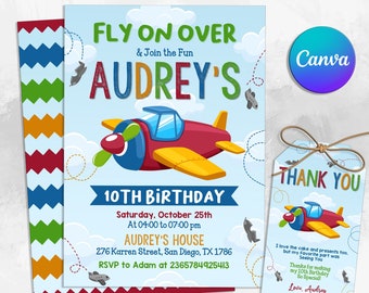 Modello di invito di compleanno in aereo, Invito aereo moderno, Invito in aereo, Aviazione, Modello modificabile, DOWNLOAD immediato