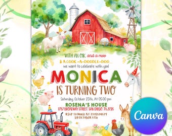 Editable Farm Birthday Invitation, Farm Animals Party Invite, Barnyard Birthday Party, Kids Invitation, Canva Template