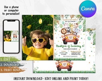 Invito di compleanno Safari MODIFICABILE, Inviti di animali della giungla, Invito alla festa della giungla, File digitale, Download istantaneo