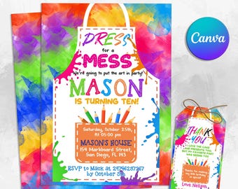 May include: A colourful invitation for a 10th birthday party featuring a paint splattered apron design. The invitation reads "Dress for a Mess" and "Mason is turning ten!" with details for the party. A free thank you tag is included with a watercolour background and the text "Thank You".