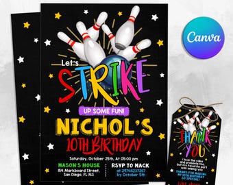 Bowling Birthday Invitation, Bowling Party Invitation, Strike Up Some Fun Birthday Party Invitations, Any Age Birthday Card, Canva Template
