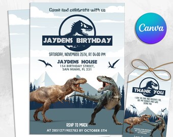 Invitación de cumpleaños de dinosaurio, invitación a fiesta de dinosaurios, invitación mundial, invitación a fiesta de T-Rex, imprimible editable digital