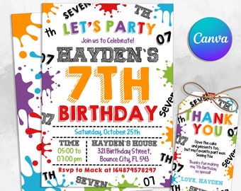 May include: A colorful paint splatter themed birthday invitation for a 7th birthday party. The invitation includes the name Hayden, the date Saturday, October 25th, the time 05:00 to 07:00 pm, the location Hayden's House, 321 Birthday Street, Bounce City, FL 543, and the RSVP number 164879578297. The invitation also includes a free thank you tag with the text "Thank You" and "Love, Hayden".
