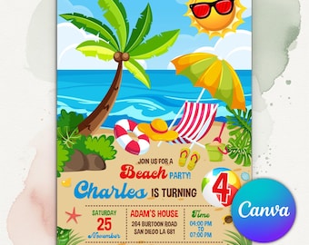 Beach Party Birthday Invitation, Summer Surfboard Celebration, Tropical Ocean Theme Invite, Editable Canva Template