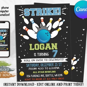 Editable Bowling Invitation, Bowling Birthday party Invitation, Bowling Strike Invitation, Editable with Canva