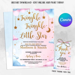 Gender Reveal Invitation, Twinkle Twinkle Little Star Gender Reveal Invitation, Moon and Gold Star Theme, He or She, Boy or Girl