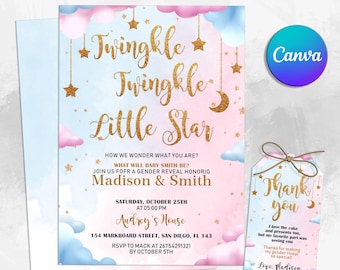 Gender Reveal Invitation, Twinkle Twinkle Little Star Gender Reveal Invitation, Moon and Gold Star Theme, He or She, Boy or Girl