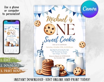 May include: A digital invitation for a first birthday party with a cookie theme. The design features a blue and white gingham background, chocolate chip cookies, milk bottles, and the text "Michael is ONE Sweet Cookie."