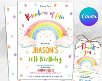 Invitación de cumpleaños del arco iris, fiesta del arco iris de las niñas, invitación del cumpleaños del arco iris, etiqueta de agradecimiento de los corazones de las nubes del arco iris, editable en Canva