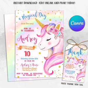 Unicorn Birthday Invitation, Magical Party Invite, Girl Pink Pastel, Rainbow Invitation, Unicorn Party Template, Editable in Canva