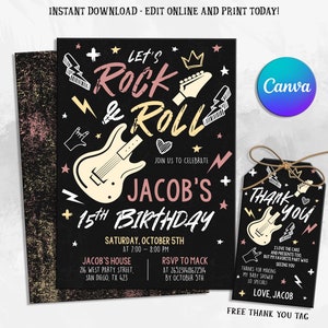 Rock &#39;n roll Birthday Invitation, Rock Star Party Invitation, Rock Guitar Birthday invitation, Invitation Pop Star Rock n&#39; roll