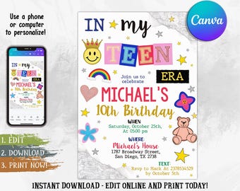 Bearbeitbare Teen Era Geburtstagseinladung, In meiner Teen Era Party einladen, Bunte lustige Kinder Geburtstagsvorlage, druckbare digitale Download Canva