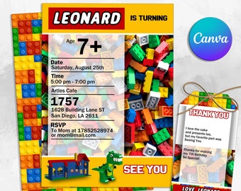 Colorful Building Blocks Birthday Invitation: Editable Canva Template (Digital Download)