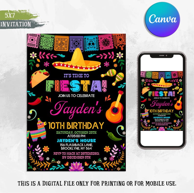Editable Fiesta Birthday Invitation, Mexican Theme Party Invite ...