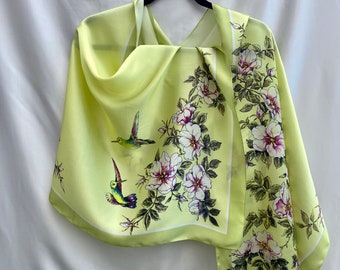 Long silk scarf with rose hips and hummingbirds, pistachio color, size 170*55 cm