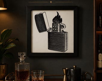 Mid Century Bar Wall Art, Vintage Lighter Ad Print, Retro Man Cave Decor, 1950s Smoking Lounge Art, Moody Masculine Office Decor