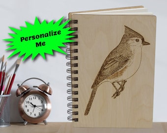 Tufted Titmouse Engraved Wooden Notebook: Personalized Birdwatcher Gift
