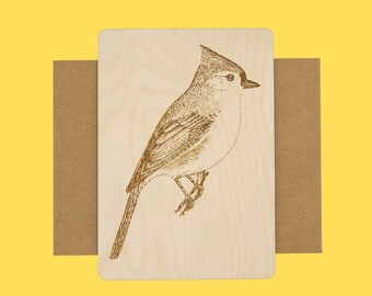 Personalized Tufted Titmouse Wood Card, Engraved Songbird Postcard