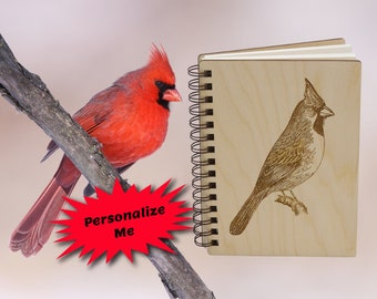 Cardinal Engraved Wooden Notebook: Personalized Bird Lover Gift