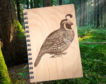 Engraved California Quail Wooden Notebook, Personalized Gift