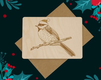 Personalized Black Capped Chickadee Wood Greeting Card, Holiday Card, Christmas Card, Bird With Santa Hat, Stocking Stuffer, Chickadee
