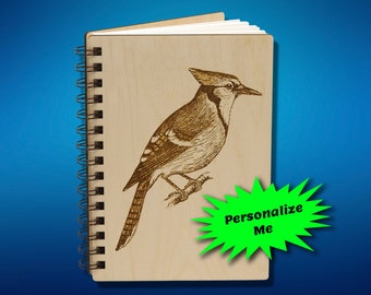 Blue Jay Engraved Wooden Notebook: Personalized Birdwatcher Gift
