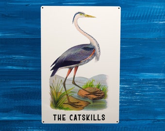 Great Blue Heron The Catskills Metal Sign, Metal Wall Decor, Metal Poster, Housewarming, Game Room, Room Decor, Friendsgiving, Holiday Gift