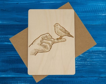 Personalized Bird on Finger Wood Greeting Card, Birthday Card, Postcard, Just Because, Personalized Gift, Valentine’s Day Card, Holiday Card