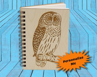 Barred Owl Wooden Notebook, Personalized Journal, Sketchbook