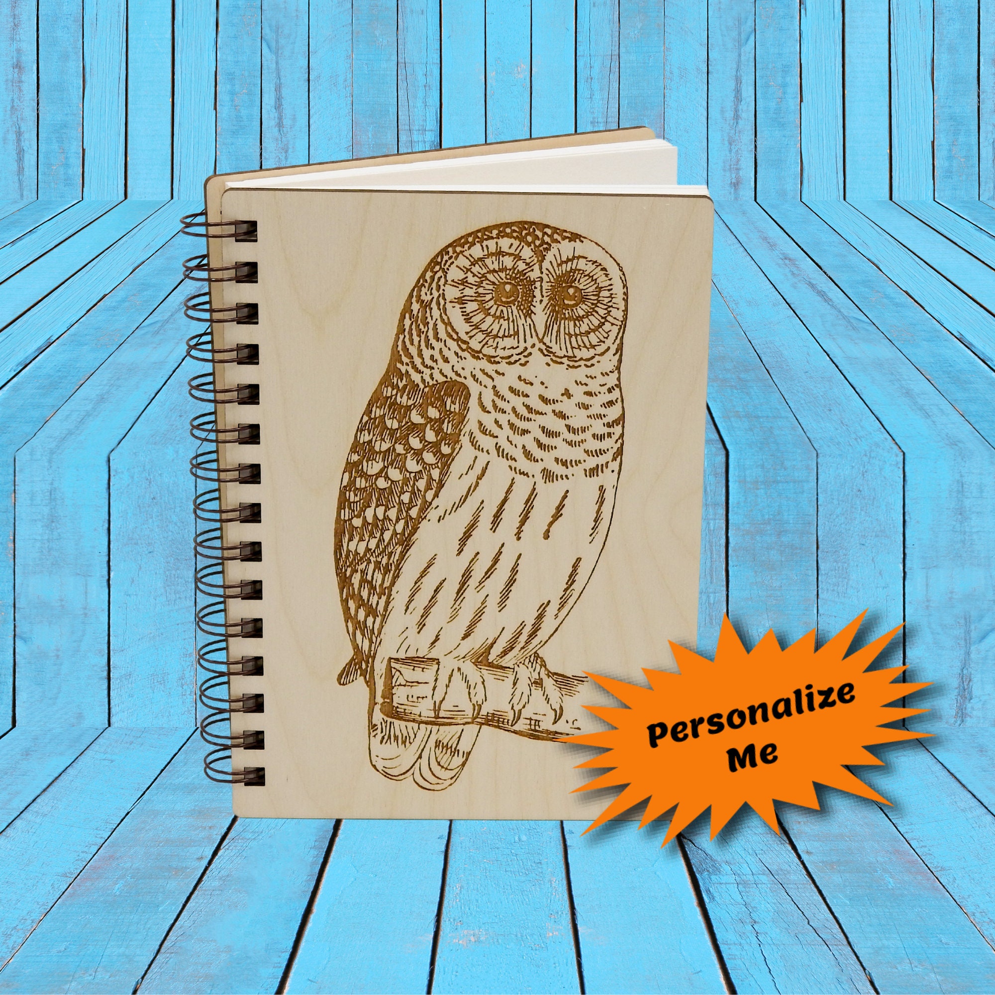 Barred Owl Wooden Notebook, Personalized Journal, Sketchbook
