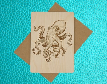 Personalized Octopus Wood Card, Personalized Gift, Birthday Card, Postcard,  Just Because, Greeting Card, Custom Message, Holiday Card