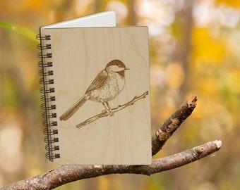 Black-Capped Chickadee Wooden Notebook: Engraved Bird Journal