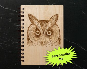 Screech Owl Wooden Notebook: Personalized Journal, Sketchbook