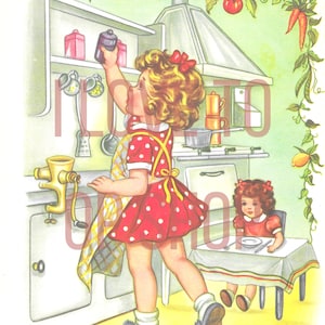 Digital download Vintage Kitsch 1950s sweet girl doing housework cooking craft junk journal printable scrapbook cute mid century MCM