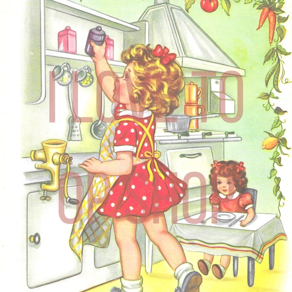Digital download Vintage Kitsch 1950s sweet girl doing housework cooking craft junk journal printable scrapbook cute mid century MCM
