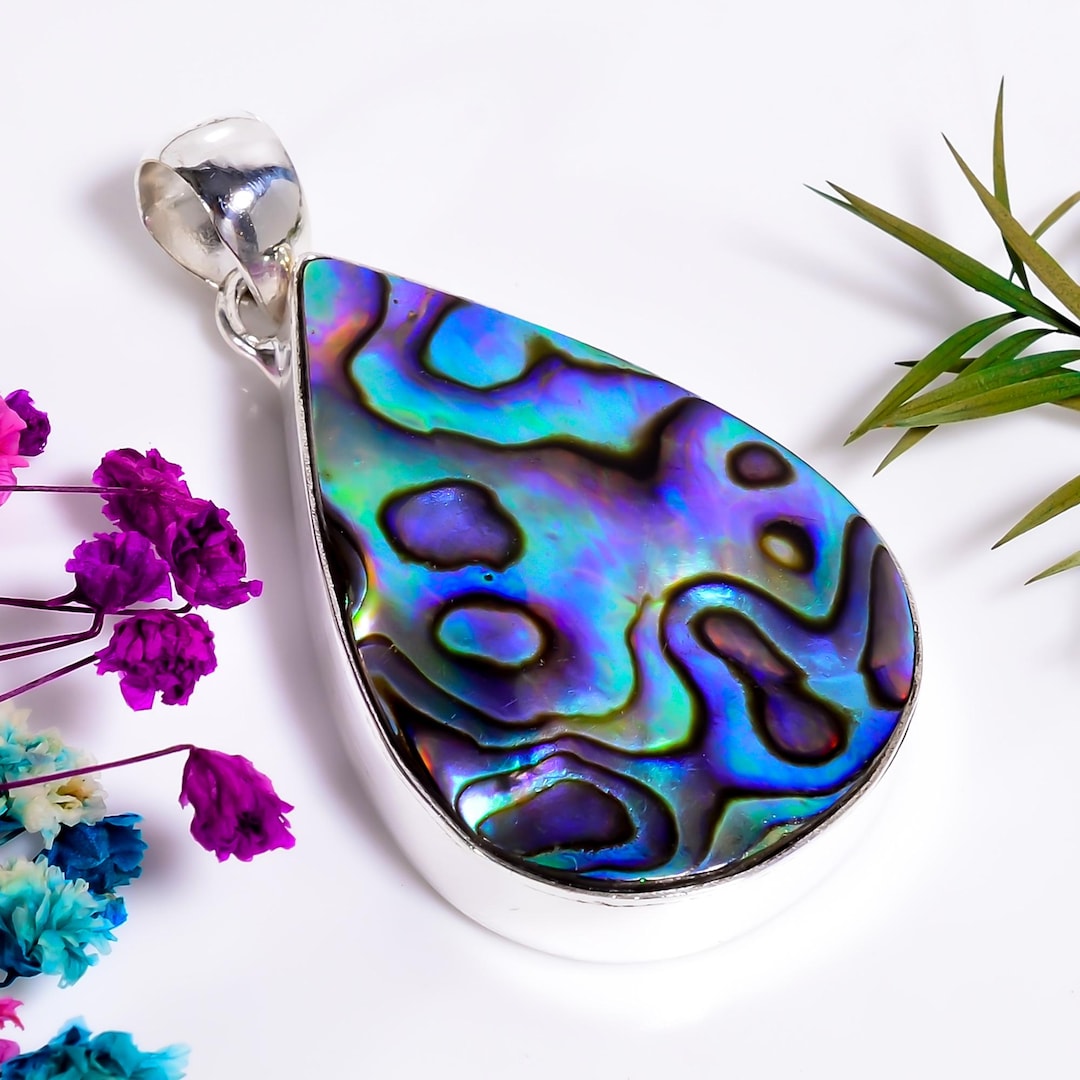 Abalone Shell Gemstone Pendant, Vintage Handmade 925 Sterling Silver ...