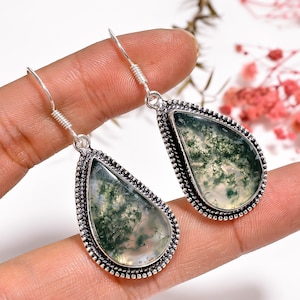 Moss Agate Gemstone Vintage Handmade Jewelry.925 Silver Plated Earrings, Wedding Earrings, Gift for Women, Gift for her (Variations J-8)