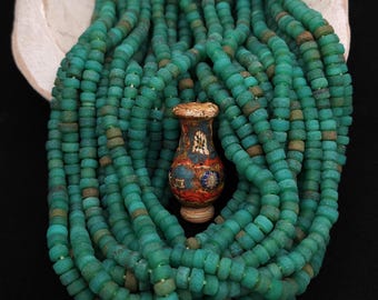 Indonesian Glass Beads 7-8mm, Teal Green Rustic Beads, Java Beads Strand 10 Inch, Matte Spacer Beads, Boho Tribal Jewelry Supplies